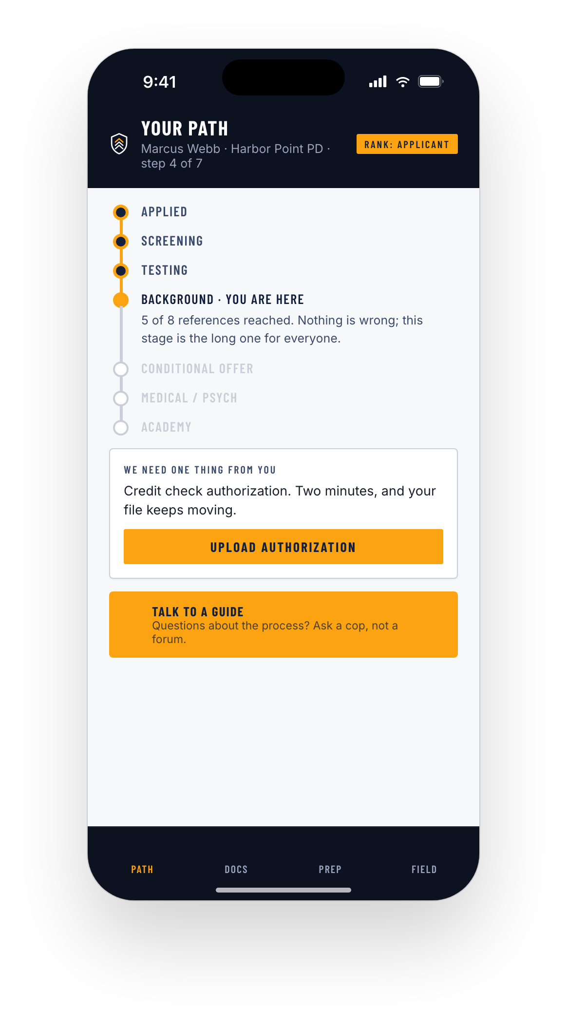 Guardian Paths applicant app, Your Path screen: applied, screening, and testing complete, background in progress with 5 of 8 references reached and a note that nothing is wrong, one document requested with an upload button, and one tap to talk to a guide