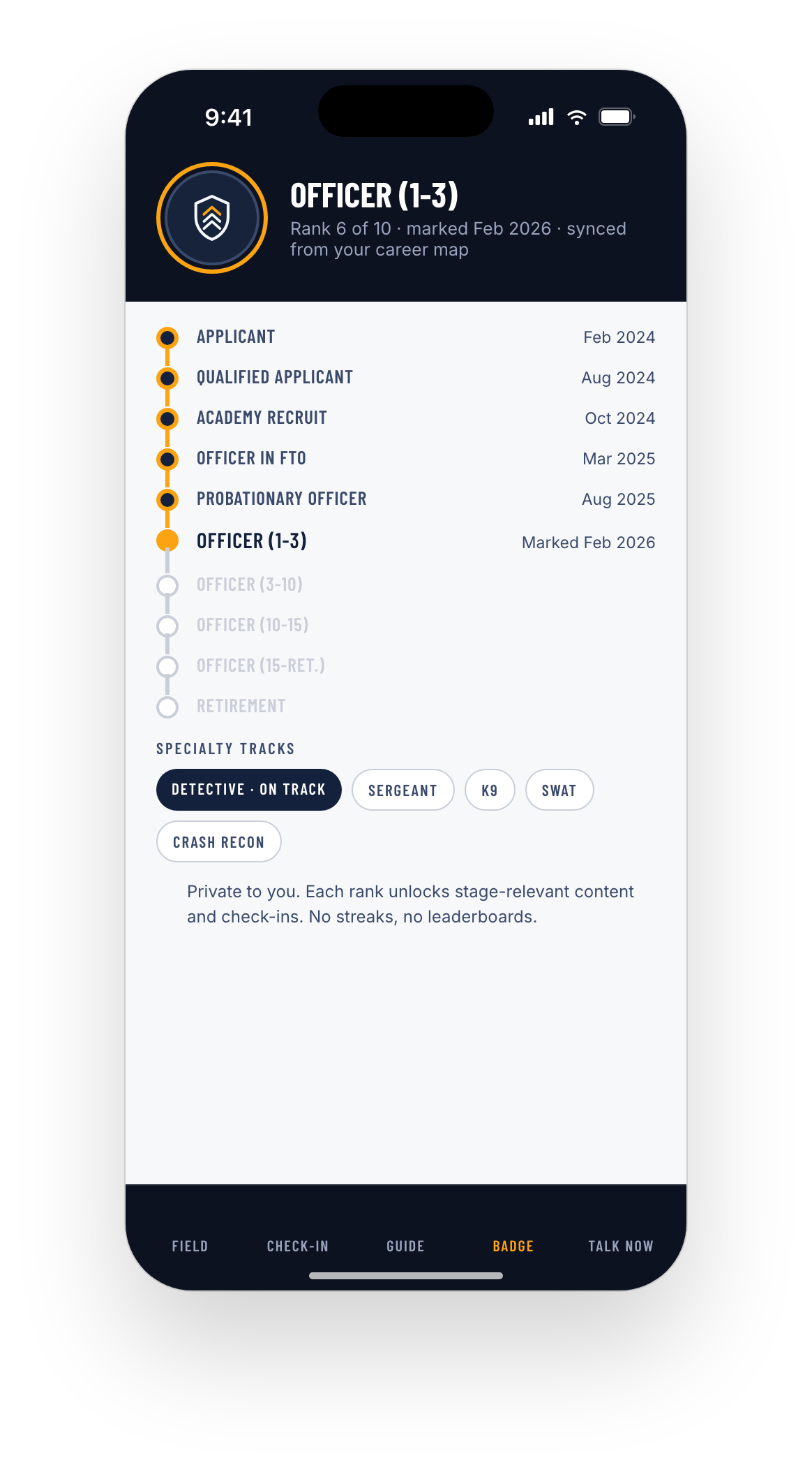 Guardian Support badge screen: officer rank 6 of 10 synced from the career map, a completed path from applicant through probationary officer, upcoming stages to retirement, and specialty tracks with detective marked on track