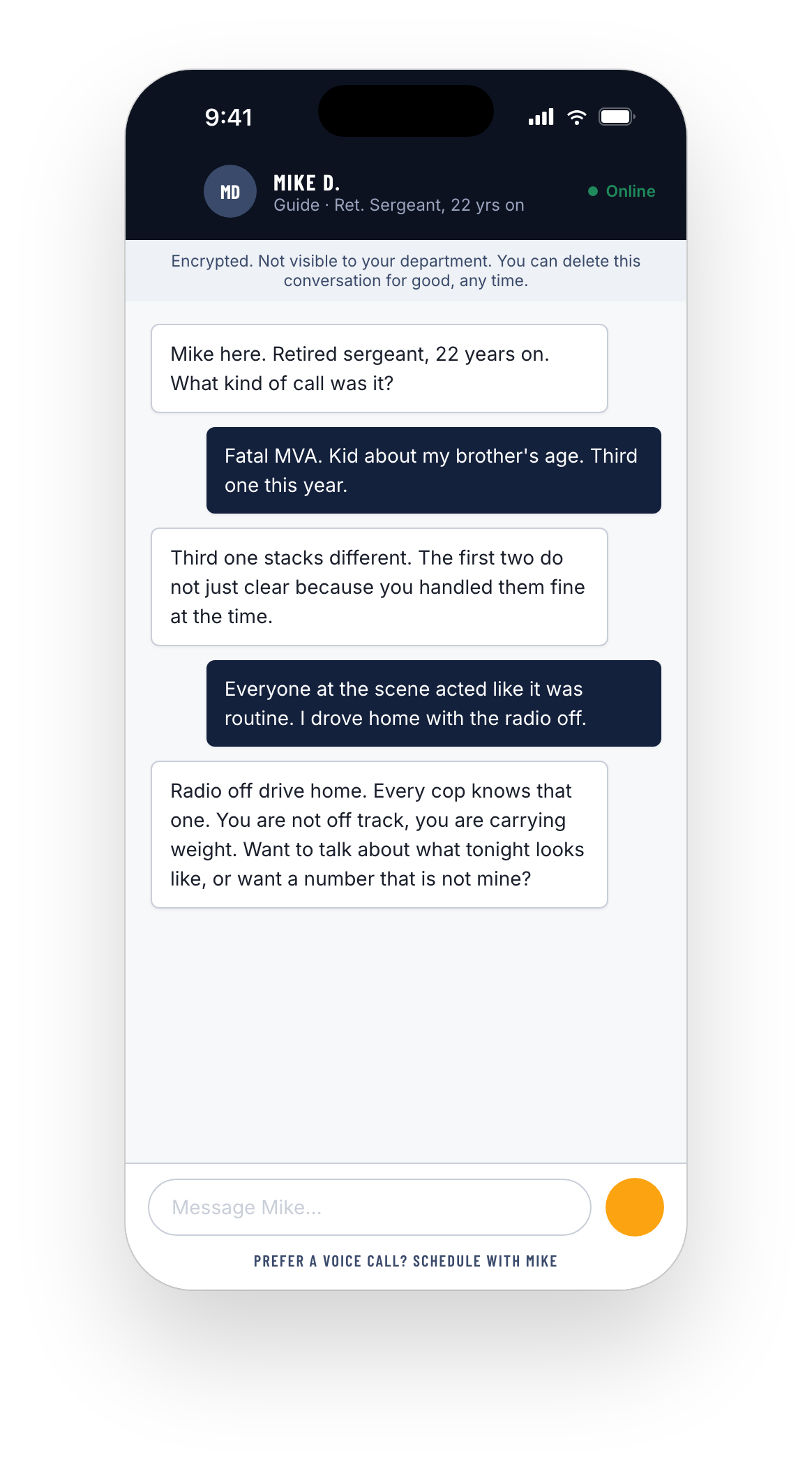 Guardian Support guide chat with a retired sergeant with 22 years on, talking an officer through a fatal MVA call, with a banner noting the conversation is encrypted, not visible to the department, and deletable for good