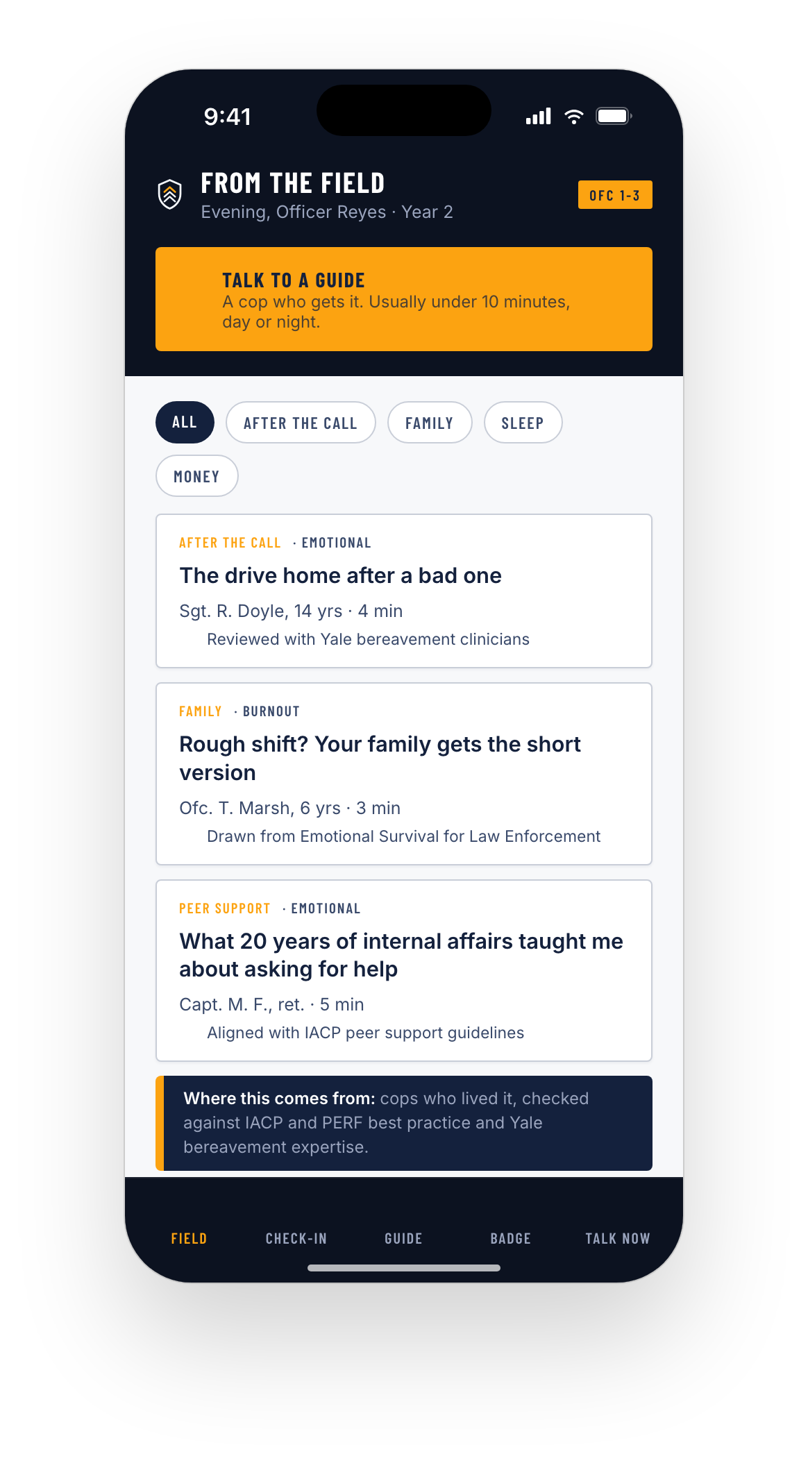 Guardian Support app home, From the Field: articles by working officers such as The drive home after a bad one by a sergeant with 14 years on, tagged by moment, with a one-tap talk to a guide banner at the top