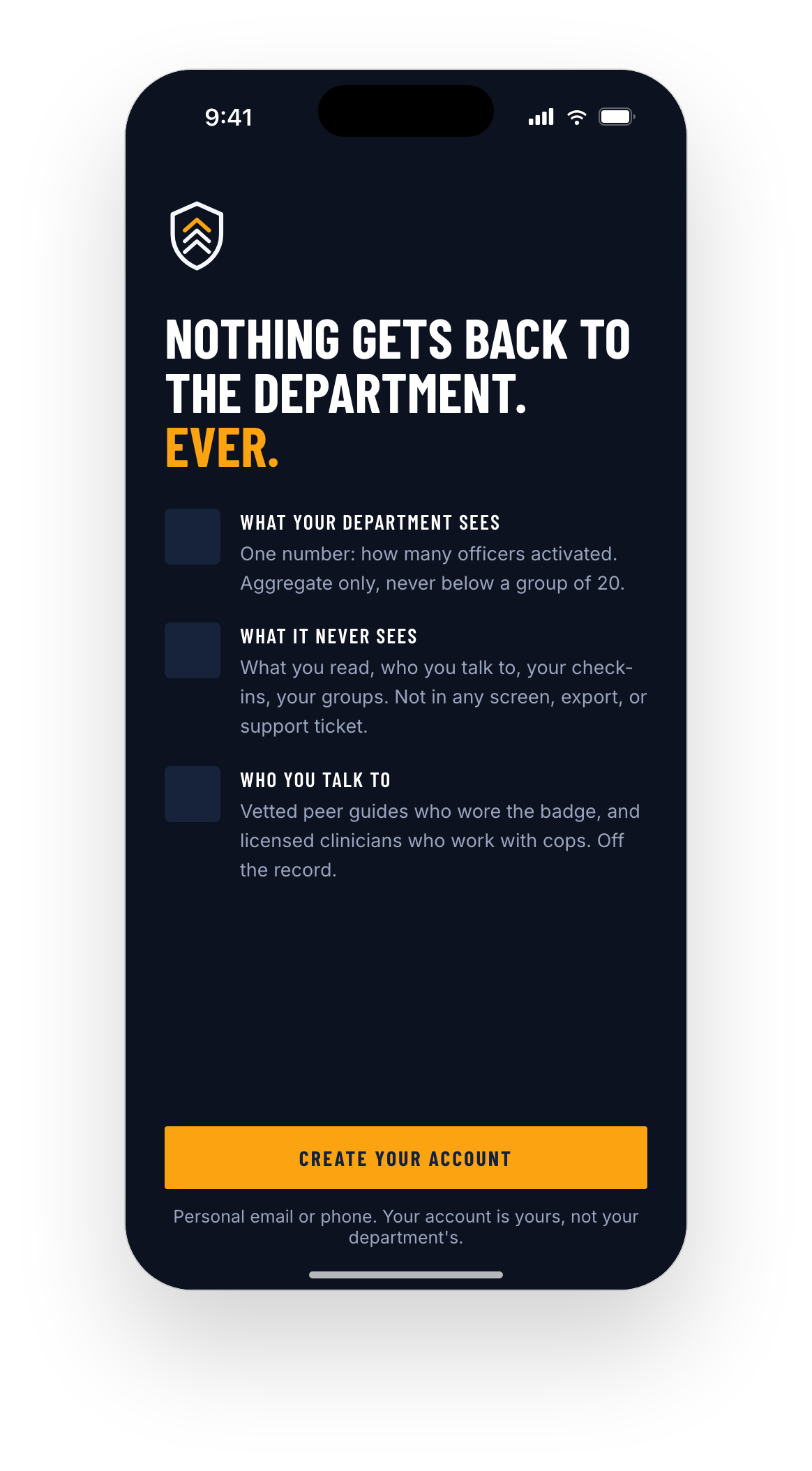 Guardian Support first-run screen: nothing gets back to the department, ever, listing what the department sees, one aggregate activation number, what it never sees, and who officers talk to, with a create your account button using personal email or phone
