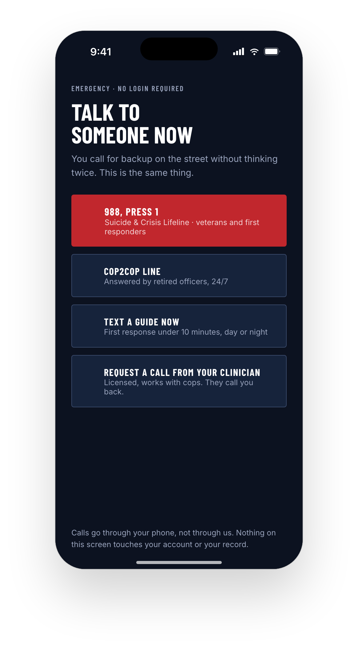 Guardian Support talk to someone now screen: emergency options with no login required, including 988 press 1, a cop2cop line answered by retired officers 24 7, text a guide now, and request a call from your clinician